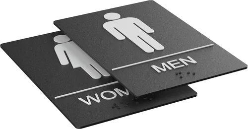 Vista 3 de Letreros de baño, letrero de baño para negocios, para hombres y mujeres, 9 x 6 pulgadas, cumple con la ADA con Braille, adhesivos fuertes de doble