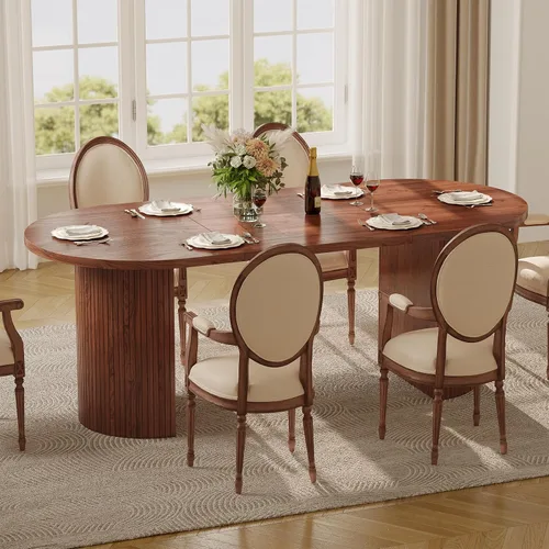 Vista 8 de ONBRILL Mesa de comedor de 70.8 pulgadas para 4-6, mesa de comedor ovalada con base de tira de madera acanalada curvada, mesas de cocina modernas