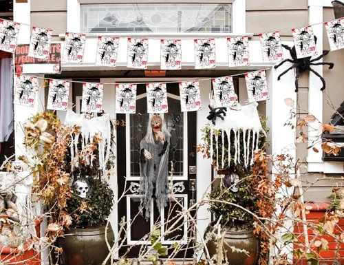 Vista 3 de Banderas y banderas clásicas de Chucky para Halloween, decoración colgante para interiores y exteriores