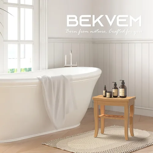 Vista 9 de Banco de ducha de bambú, taburete de ducha pequeño de spa para ducha interior, impermeable, asiento de baño con estante de almacenamiento