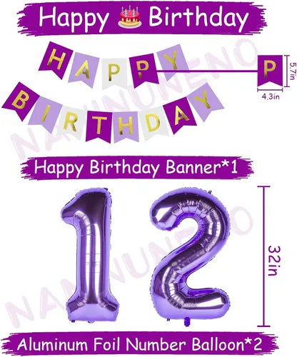 Vista 5 de Decoraciones de cumpleaños número 12 para niñas, globos morados de feliz cumpleaños, pancarta, globos de números, serpentinas de estrellas