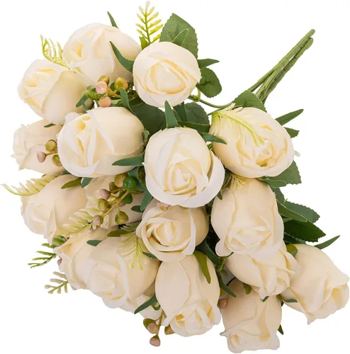 Vista 6 de Ramo de flores artificiales de seda, 20 cabezas, 2 paquetes, champán y Champán y crema