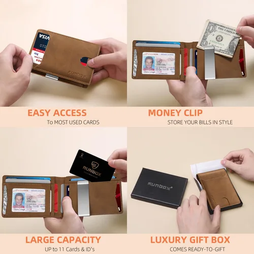 Vista 88 de RUNBOX - Carteras delgadas para hombre, cartera de piel con pinza para el dinero, cartera de bolsillo frontal con bloqueo RFID, tarjetero