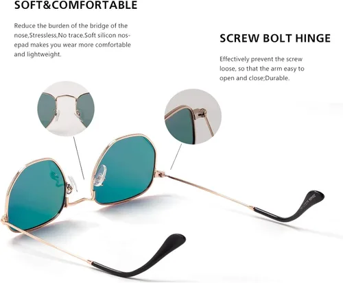 Vista 2 de Hipster. - Lentes de sol polarizados hexagonales para hombre y mujer, diseño geométrico, cuadrados, pequeños, marco de metal vintage, gafas de sol