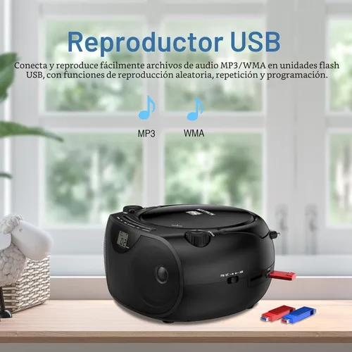 Vista 7 de Nextron Boombox de CD portátil con Bluetooth, USB, radio y refuerzo de graves - negro