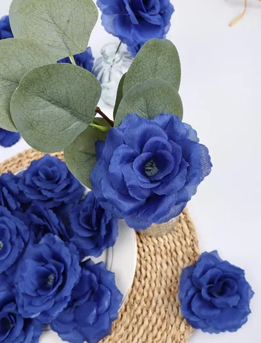 Vista 4 de 50 cabezas de rosas artificiales de seda a granel para bricolaje, baby shower, ramos de boda, centros de mesa, arreglos decorativos, azul rey