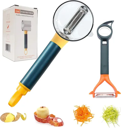Vista 10 de Pelador de verduras con caja de almacenamiento, peladores de papas, 2 piezas, pelador de almacenamiento, adecuado para zanahorias, papas, melones