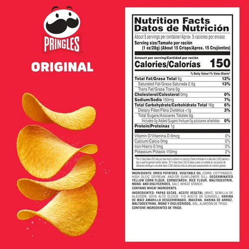 Vista 2 de Pringles Papas fritas de patata, aperitivos para el almuerzo, aperitivos para llevar, original, lata de 5.2 onzas (1 lata)