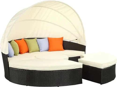 Vista 6 de LexMod sillón circular de mimbre para patio con dosel, marrón café., Espresso Moka