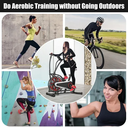 Vista 9 de Goplus Bicicleta de aire, bicicleta estática con ventilador de resistencia ilimitada, pantalla LCD transparente, soporte para tableta, asiento