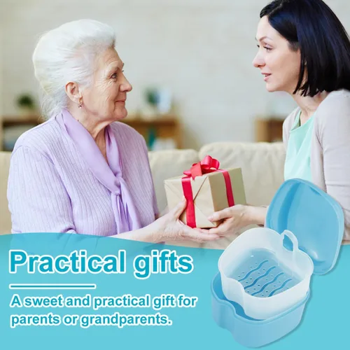 Vista 6 de Estuche de dentadura para dentadura postiza, caja de almacenamiento de dientes falsos con cesta de enjuague, caja de almacenamiento portátil