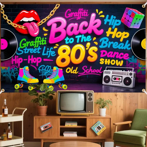 Vista 3 de Fondo de Back to The 80 de 6 x 4 pies con cinta de 19.69 pies Cartel temático retro de los años 80 con ojales y doble costura para decoraciones