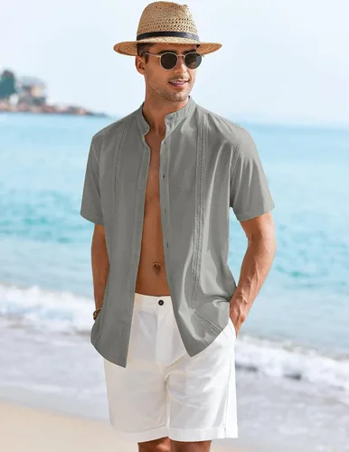 Vista 3 de COOFANDY Mens Short Sleeve Cuban Guayabera Shirt Casual Band Collar Button Down Shirts