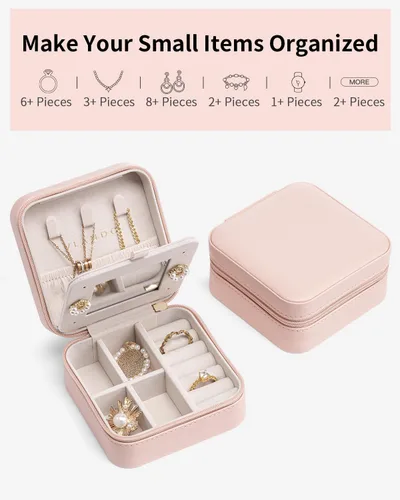 Vista 7 de Vlando Joyero de viaje, estuche organizador de viaje pequeño para niñas y mujeres, espejo rosa, paquete de 6
