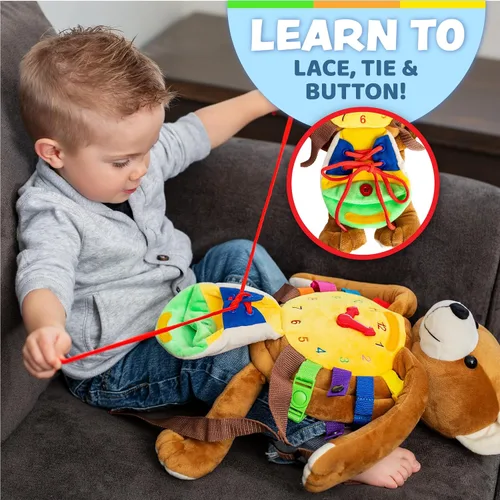 Vista 6 de Buckle Toys Mochila de oso - Mochila para niños pequeños y actividad de aprendizaje de animales de peluche, desarrolla habilidades motoras finas