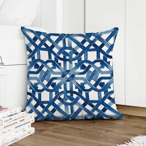 Vista 5 de Funda de cojín geométrica de enrejado de laberinto azul y blanco, funda de cojín decorativa de celosía Ming Trail, funda de almohada abstracta