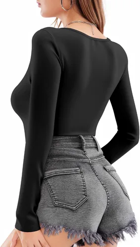 Vista 3 de MANGOPOP Body de manga larga para mujer, cuello redondo, acanalado, elástico, camiseta básica