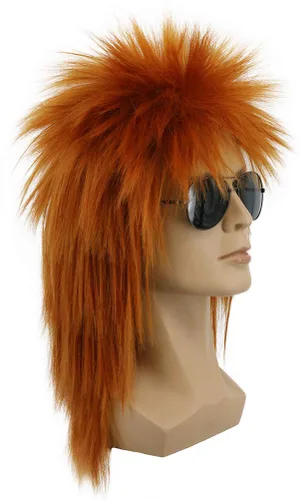 Vista 2 de Mullet Style - Peluca de metal pesado para Halloween de los años 70 y 80, color rojo y naranja, para hombres y mujeres (marrón)