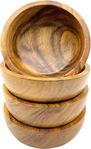 Vista 10 de Juego de ensaladera de madera de acacia – 9” Cuenco redondo artesanal con 2 servidores de madera, vajilla rústica y duradera para ensaladas, frutas