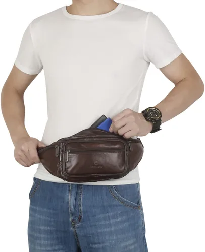 Vista 4 de ZZNICK Riñonera de piel auténtica, bolsa de cintura, organizador con cinturón ajustable, múltiples bolsillos para hombres y mujeres, café-861 Medio
