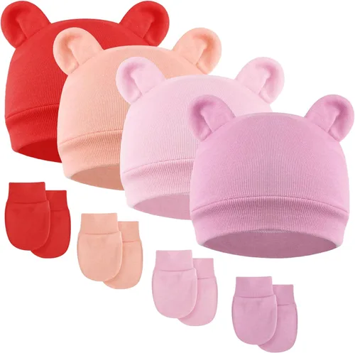 Vista 9 de DRESHOW Gorro de recién nacido con orejas de oso y manoplas, conjuntos de gorro de algodón para prematuros, gorro de bebé para niño y niña, gorro