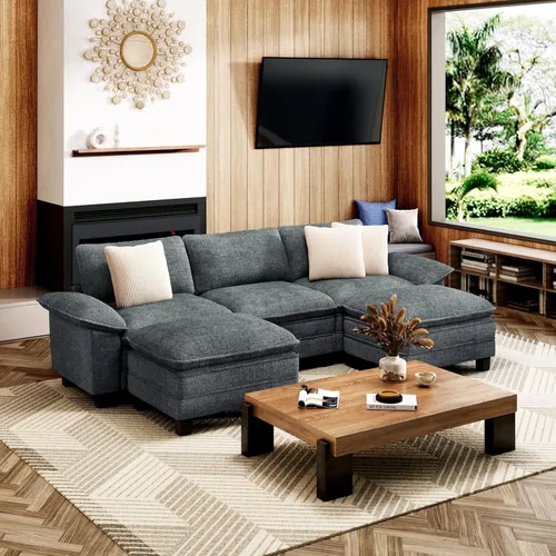 Vista 24 de Sofá seccional en forma de U de 123 pulgadas con cojines tipo nube, juego de sofá modular de asiento profundo con 5 asientos y 2 otomanos, brazos