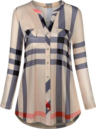 Vista 3 de Miusey Henley - Blusa con cuello en V 34, manga enrollable, con botones