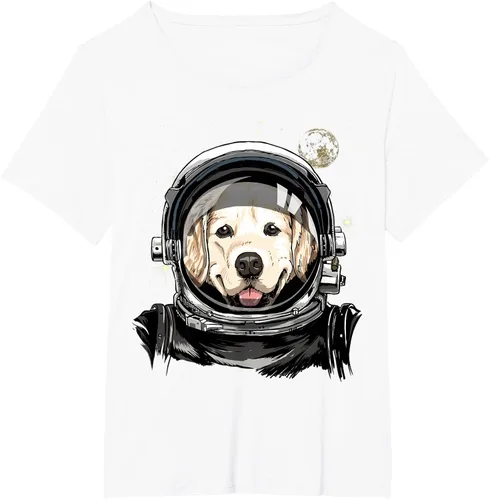 Vista 111 de Camiseta para amantes de los perros de los astronautas del espacio exterior Golden Retriever Lover, Negro