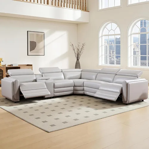 Vista 10 de Sofá Reclinable Eléctrico AMERLIFE, Sofá Reclinable con Consola y Reclinación Dual, Sofá Seccional de Cuero para Sala de Estar, Beige Marrón