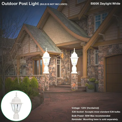Vista 7 de LIT-PaTH Farol de poste de iluminación al aire libre, base mediana E26 máximo de 60 W, carcasa de aluminio más vidrio transparente, bombilla