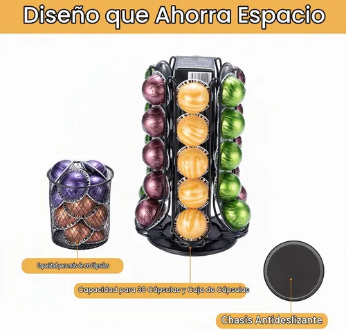 Vista 3 de FlagShip Soporte para cápsulas Nespresso, carrusel de cápsulas de café para almacenamiento de cápsulas Vertuo con cesta adicional de rodamiento