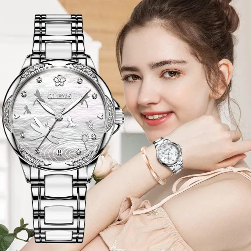 Vista 6 de OLEVS Relojes automáticos para mujer, mecánico, esfera de corazón, esfera de corazón, oro rosa, banda de cerámica, impermeable, luminoso, fecha