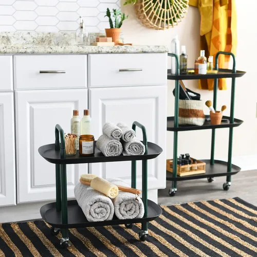 Vista 2 de Main + Mesa Carrito moderno de plástico y metal de 2 niveles, negro y verde oscuro