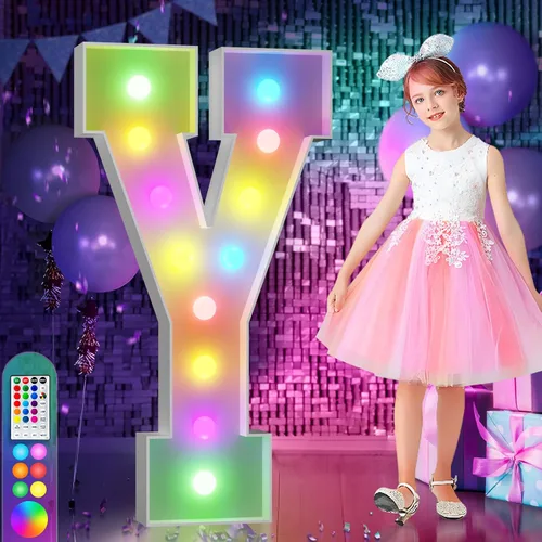 Vista 82 de Imprsv Letras coloridas de marquesina de 3 pies y letras grandes iluminadas RGB con control remoto, decoraciones de fiesta de cumpleaños Carta