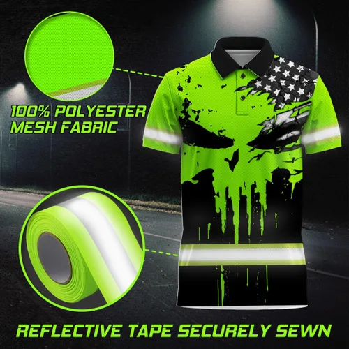 Vista 3 de Maddly Polo de alta visibilidad con diseño de calavera y bandera de Estados Unidos, ropa de trabajo patriótica con nombre personalizado