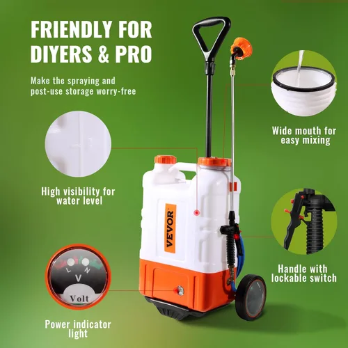 Vista 6 de VEVOR Pulverizador de mochila con batería de 4 galones con carro con ruedas, ajustable de 0-94 PSI, manguera de 13 pies, 6 boquillas, 2 varitas