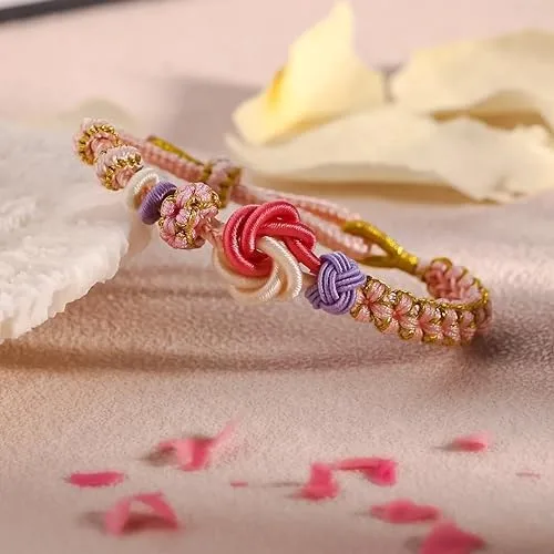 Vista 5 de BOSONS Para hijasabuela pulsera de nudo de flor de durazno con un eslabón que nunca se puede deshacer, pulsera trenzada ajustable para nieta
