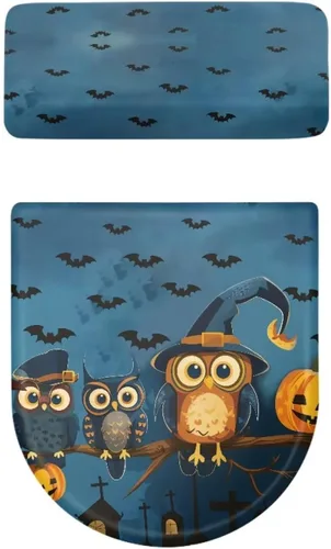Vista 5 de Flashideas Juego de fundas de tapa de inodoro y cubierta de tanque de búho de Halloween, fundas de asiento de felpa suave, fundas de borde de tanque