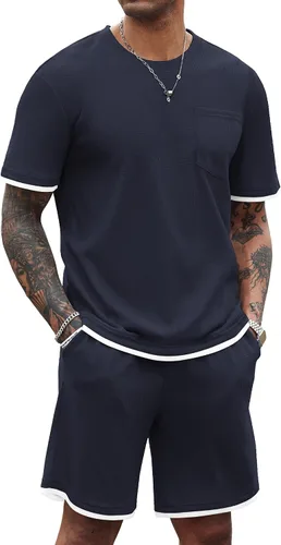 Vista 58 de COOFANDY Conjunto de camisa y pantalones cortos de gofre para hombre, conjunto de 2 piezas, conjunto casual de verano con bolsillos