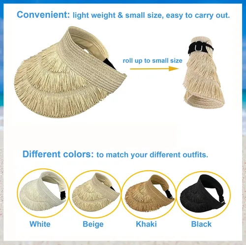 Vista 2 de Sombrero de paja con protección UV, visera de playa, sombrero de ala ancha, estampado de leopardo, enrollable, plegable para mujer