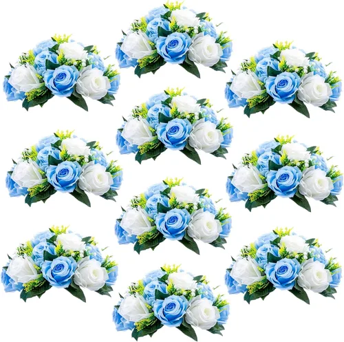 Vista 31 de Sziqiqi Flores de rosas artificiales de seda sintética para decoración de centros de mesa de boda, decoración del hogar, paquete de 2 unidades Azul
