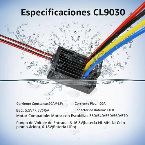 Vista 2 de Radiolink CL9030 90A 2S-4S RC cepillado ESC impermeable 5A BEC 5.5V/7.5V