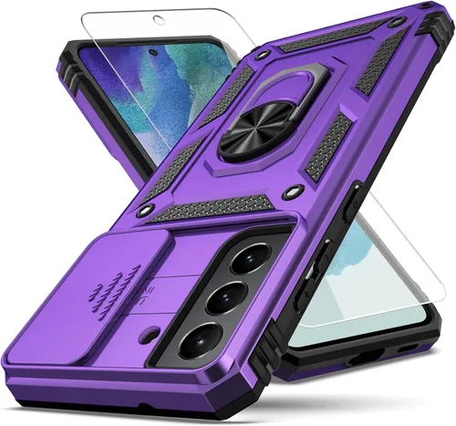 Vista 8 de Funda para Galaxy S21 FE 5G, con cubierta para lente de cámara, protector de pantalla HD, [grado militar] anillo de montaje en coche con soporte a