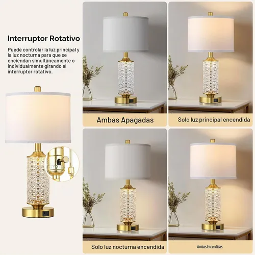Vista 3 de QiMH - Juego de 2 lámparas de mesa de cristal dorado para sala de estar Oro cepillado+sombra blanca
