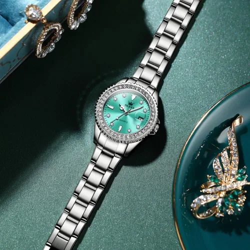 Vista 4 de OLEVS Reloj de pulsera de oro para mujer, con diamantes de lujo, de acero inoxidable, impermeable, luminoso, fecha