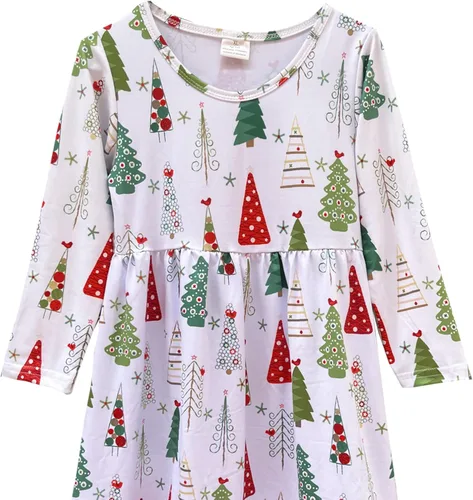 Vista 14 de Vestido de Navidad para niña pequeña, muñeco de nieve, árboles de Navidad, camión, a cuadros, reno, Papá Noel, vestido de invierno hasta la rodilla