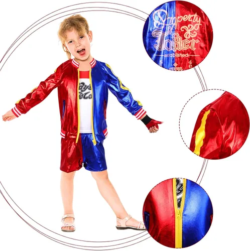 Vista 4 de iminfit Disfraz de Harley para niños con chaqueta, pantalones cortos, camiseta, guantes, kit de disfraz para Halloween, fiesta de cosplay