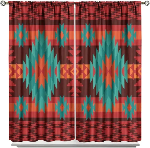 Vista 130 de Cortinas con patrón geométrico tribal, estilo suroeste, azteca, rústico, occidental, nativo americano, opacas, con bolsillo para barra, decoración