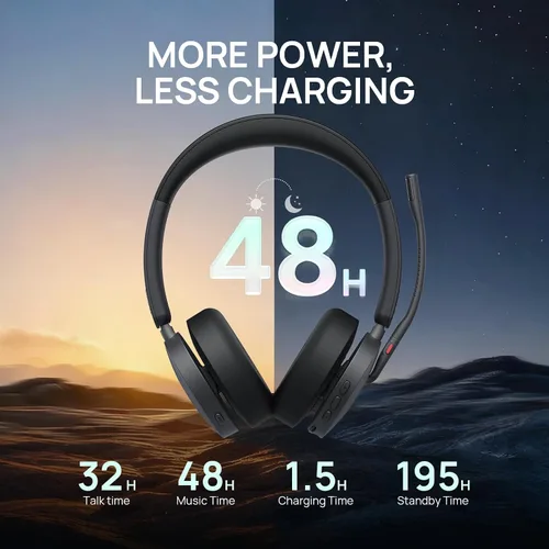 Vista 7 de Yealink WH68 - Auriculares inalámbricos híbridos DECT y Bluetooth ANC con micrófono Charging Stand,6 AI Mics,Noise Cancelling Headphones,32H