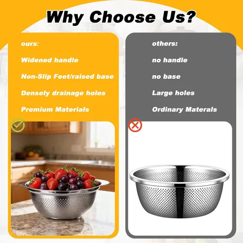 Vista 7 de Juego de 3 coladores de acero inoxidable para cocina, colador de pasta para arroz, alimentos, frutas, espaguetis y verduras